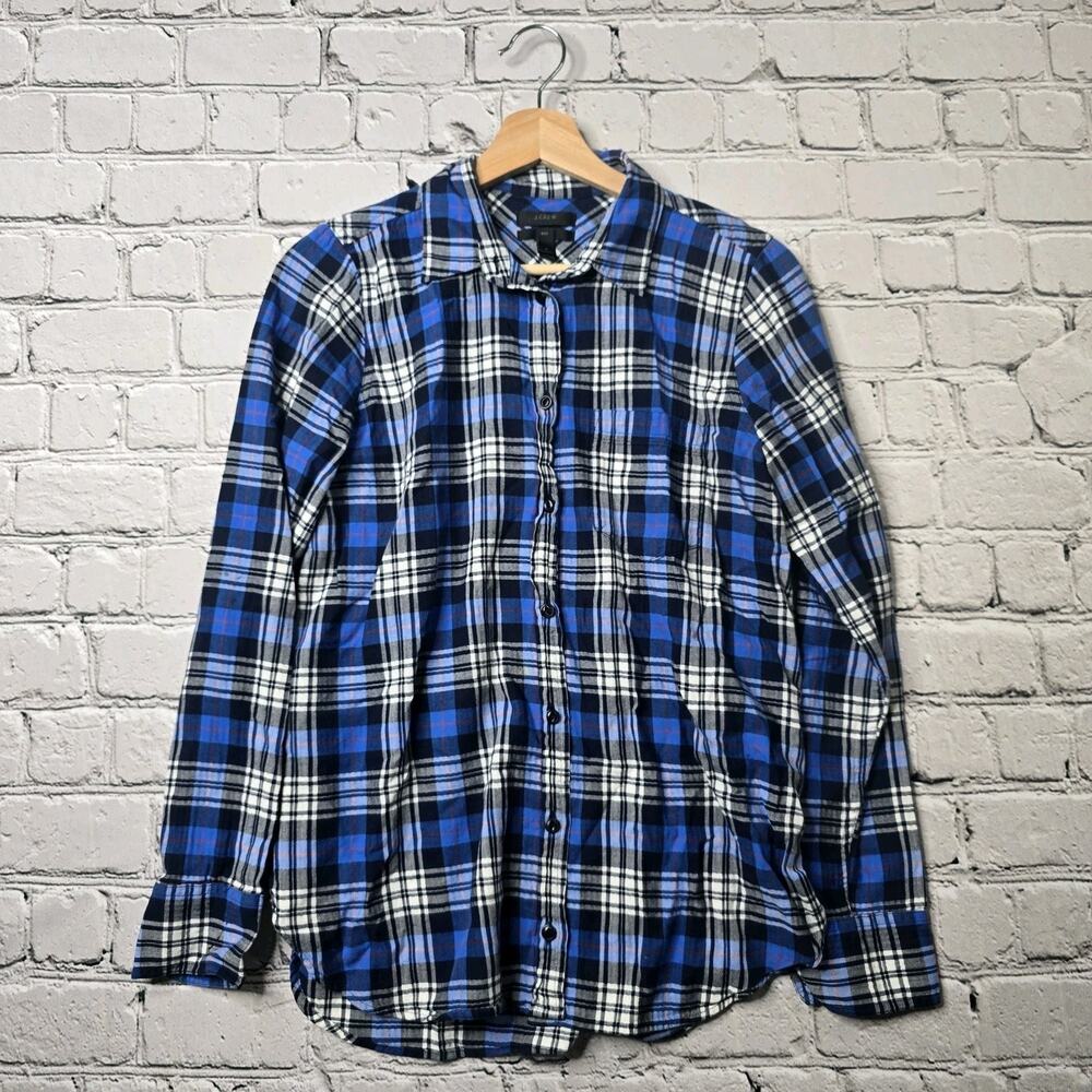J Crew Womens Boy Fit Cotton Blue Plaid Button Up Fall Preppy Blouse Size 4 - Picture 1 of 12